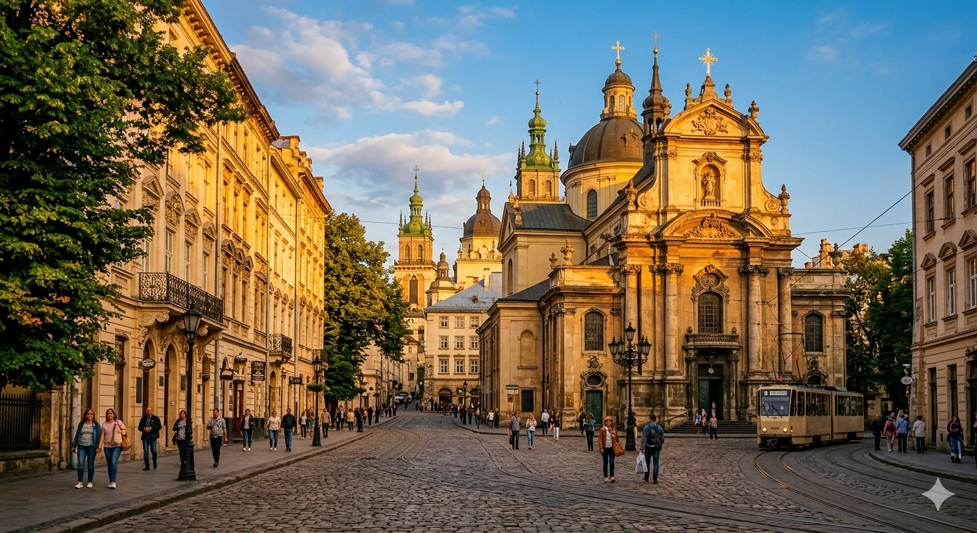Lviv old town cobblestones at golden hour